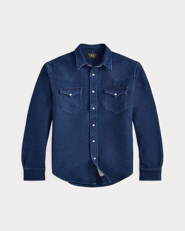 RRL Slim Fit Indigo Chamois Western Shirt sold by Cave and Post