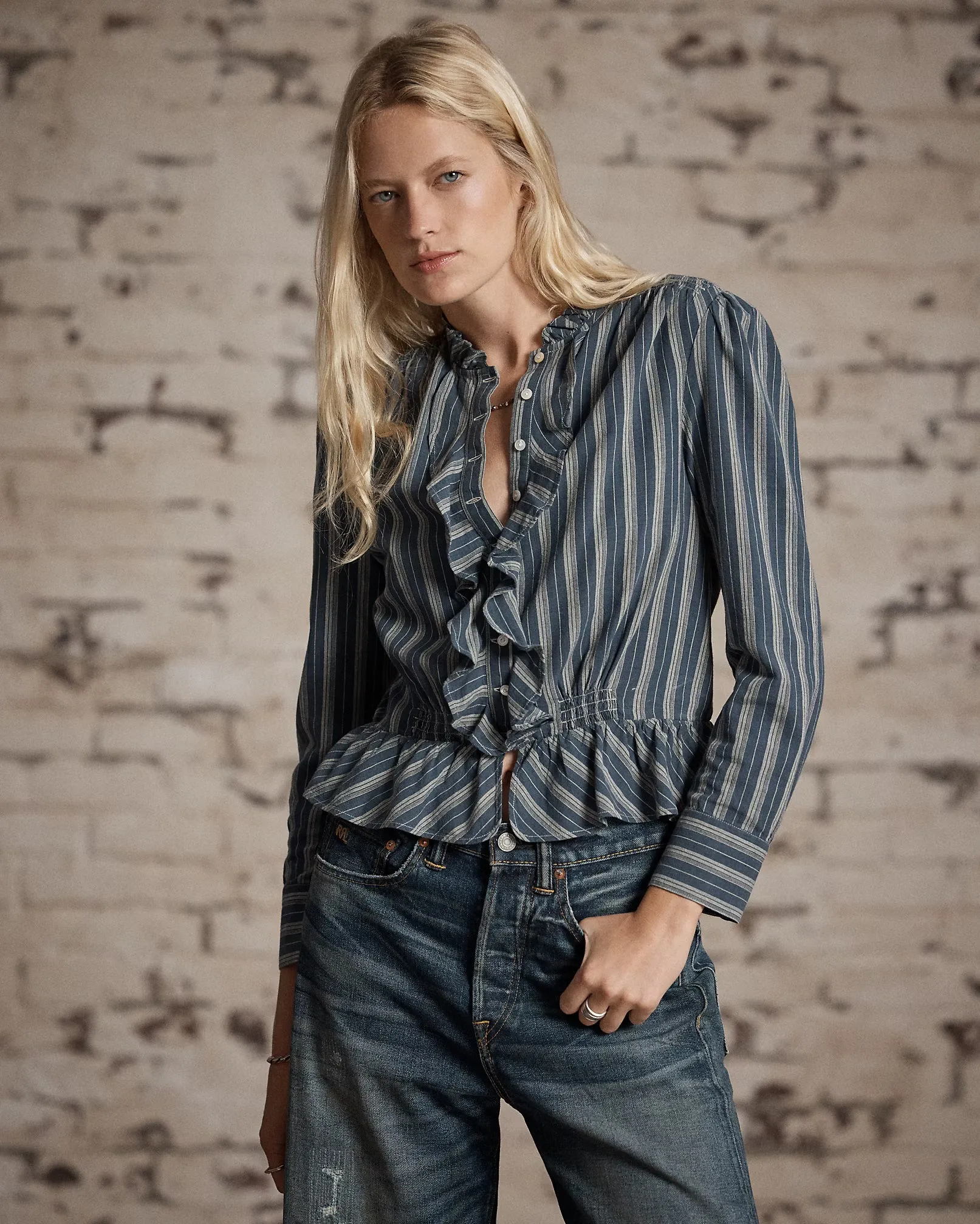 RRL Ruffle-Trim Striped Cotton Blouse sold by Cave and Post product image thumbnail 2