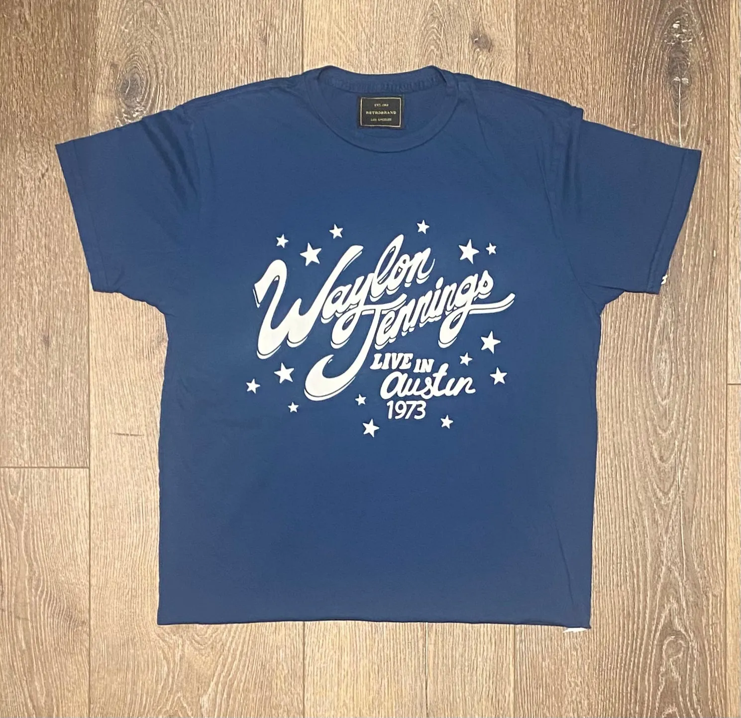 Waylon Jennings Live in Austin 1973 Blue T-Shirt sold by Cave and Post product image thumbnail 2