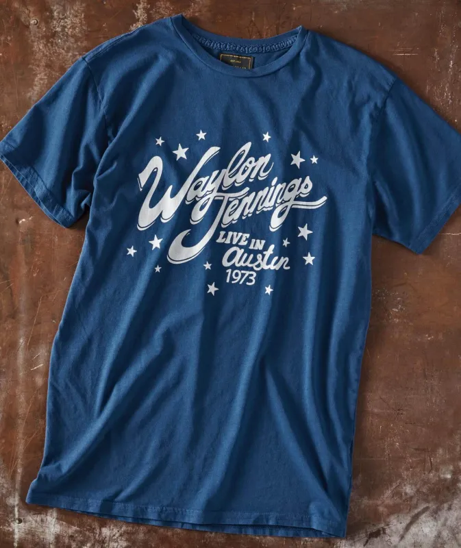 Waylon Jennings Live in Austin 1973 Blue T-Shirt sold by Cave and Post