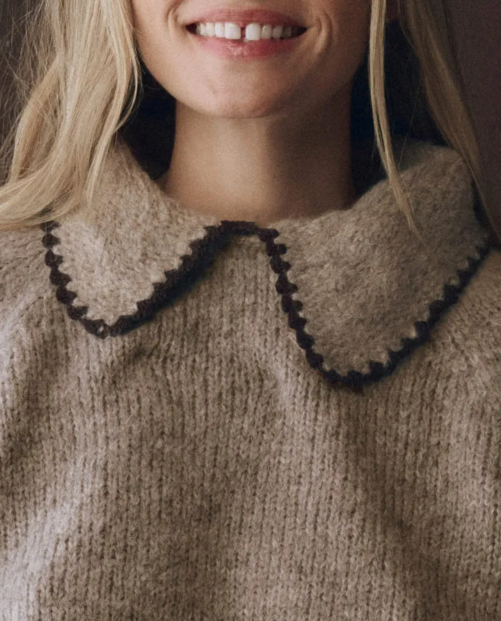 The Crochet Collar Pullover. Oat With Brown sold by Cave and Post product image thumbnail 3