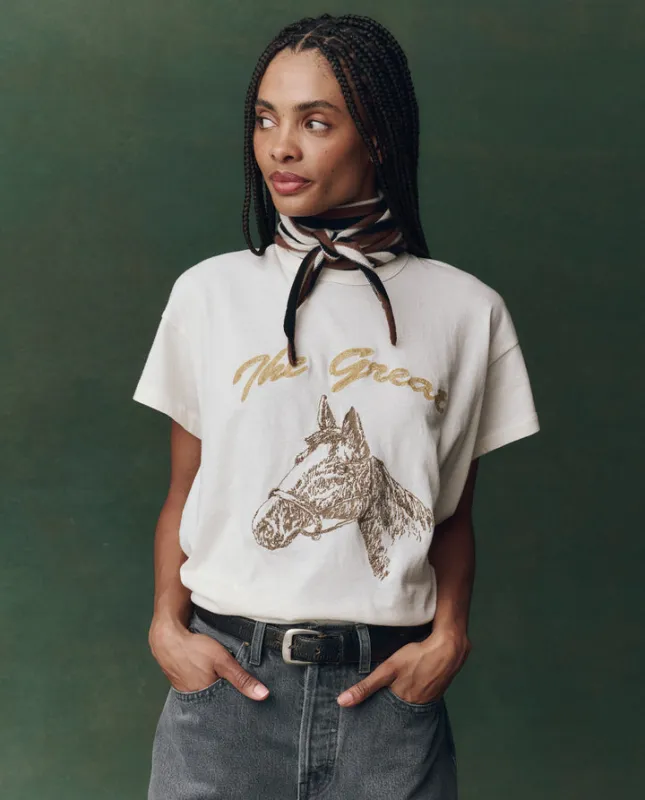 The Boxy Crew. Washed White with Spice Horse Embroidery. made by THE GREAT.