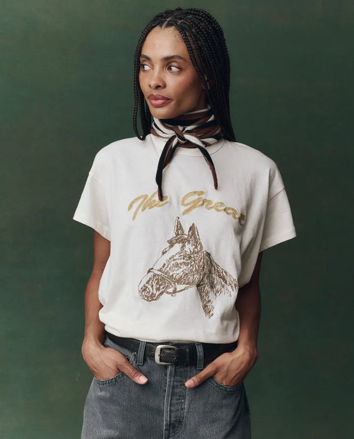 The Boxy Crew. Washed White with Spice Horse Embroidery. sold by Cave and Post
