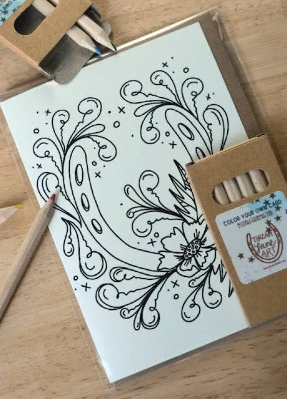 Lucky Floral Horseshoe Western Color Your Own Card Everyday sold by Cave and Post