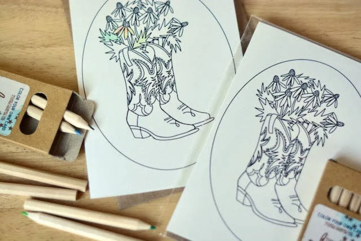 Floral Daisy Cowgirl Boots Western Color Your Own Card Everyday sold by Cave and Post