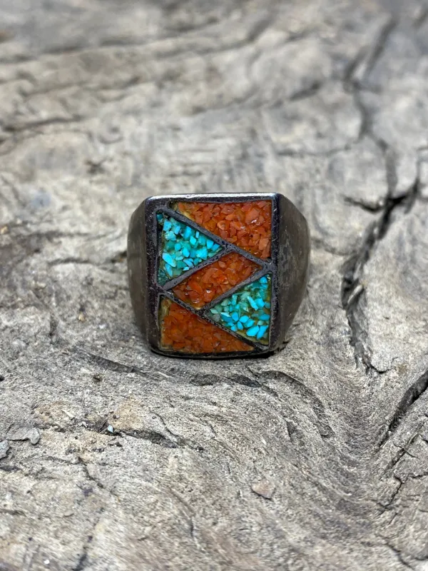 Vintage Turquoise and Red Coral Silver Men's Ring - Size 10 made by Cave and Post