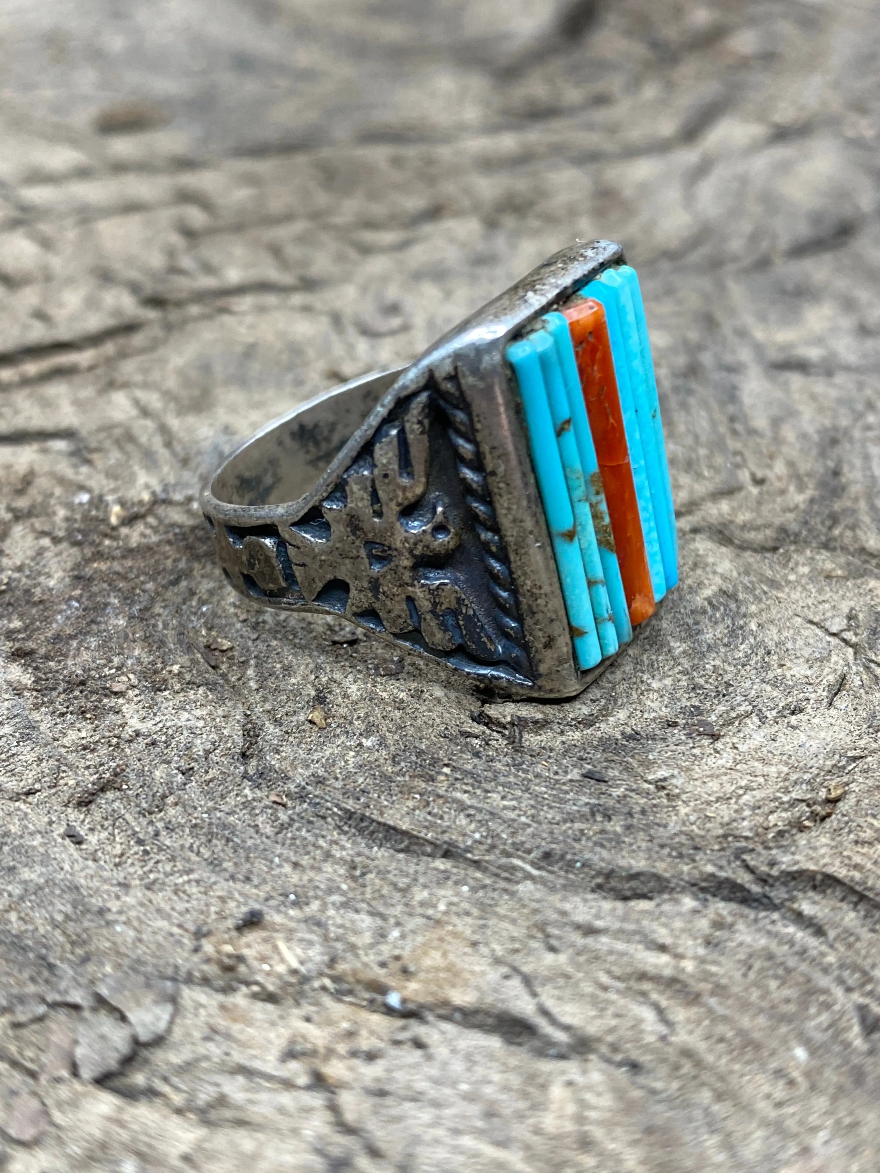 Vintage Turquoise and Red Coral Silver Men's Ring - Size 11.5 sold by Cave and Post product image thumbnail 2