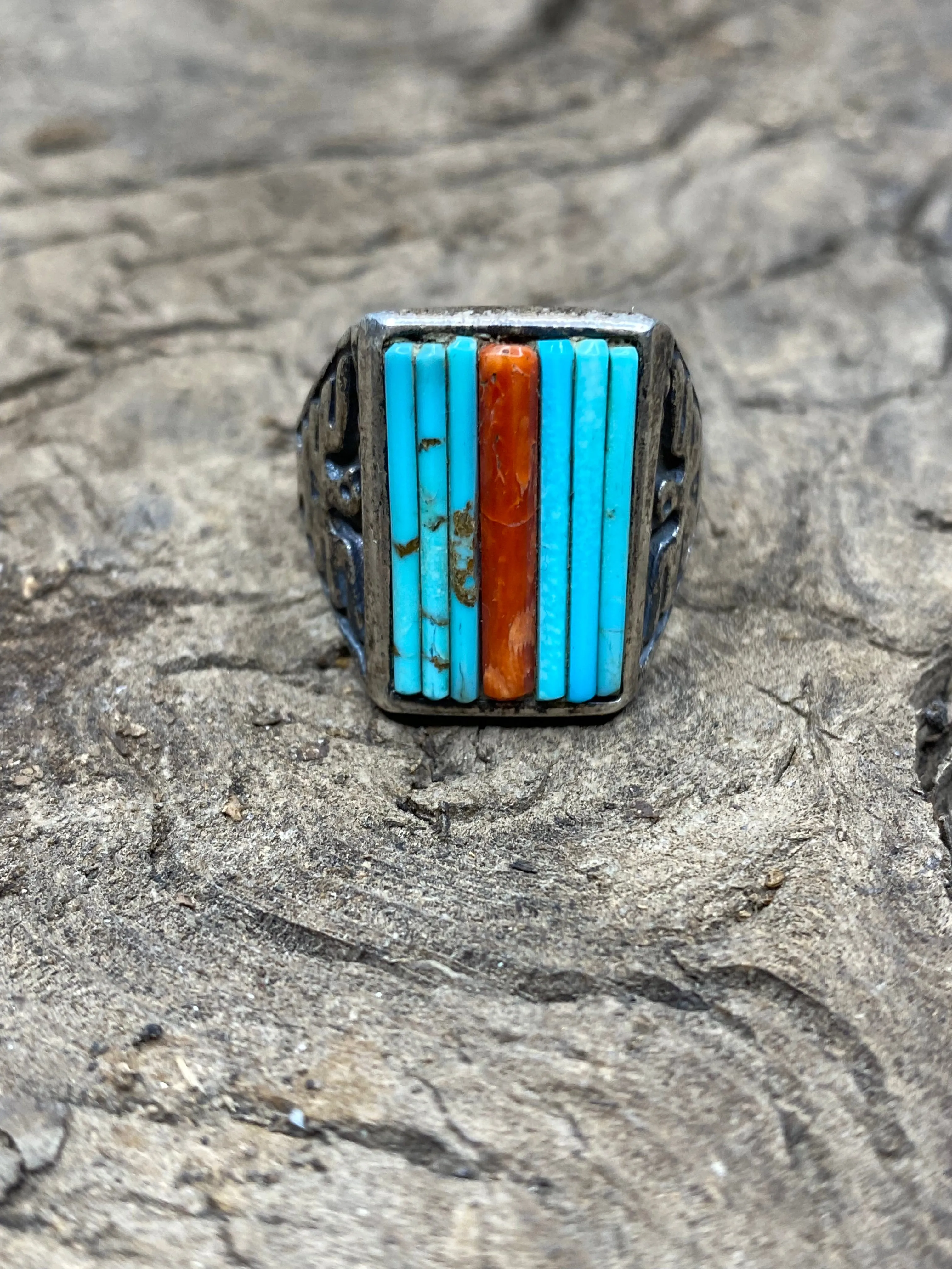 Vintage Turquoise and Red Coral Silver Men's Ring - Size 11.5 sold by Cave and Post