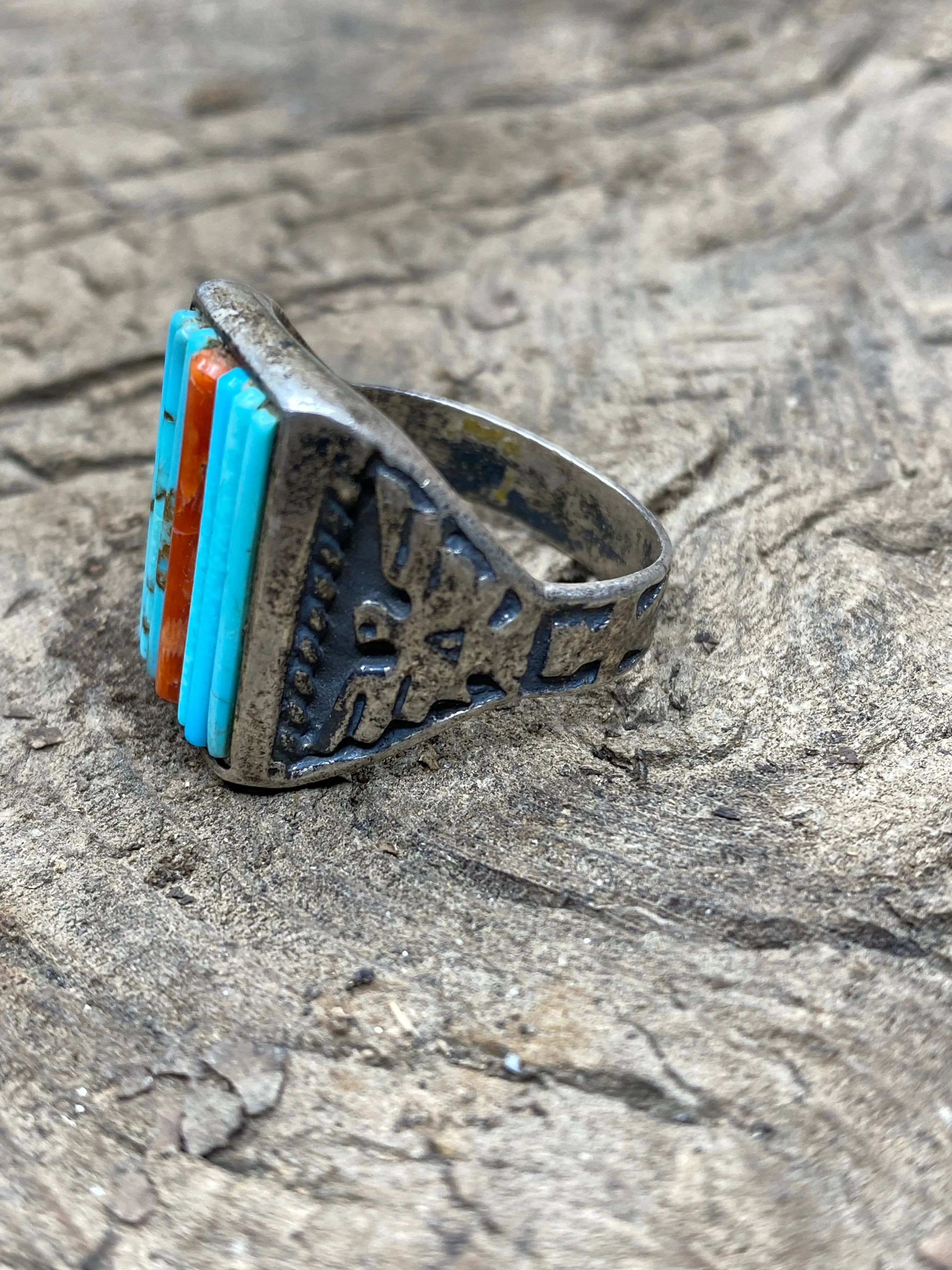 Vintage Turquoise and Red Coral Silver Men's Ring - Size 11.5 sold by Cave and Post product image thumbnail 3