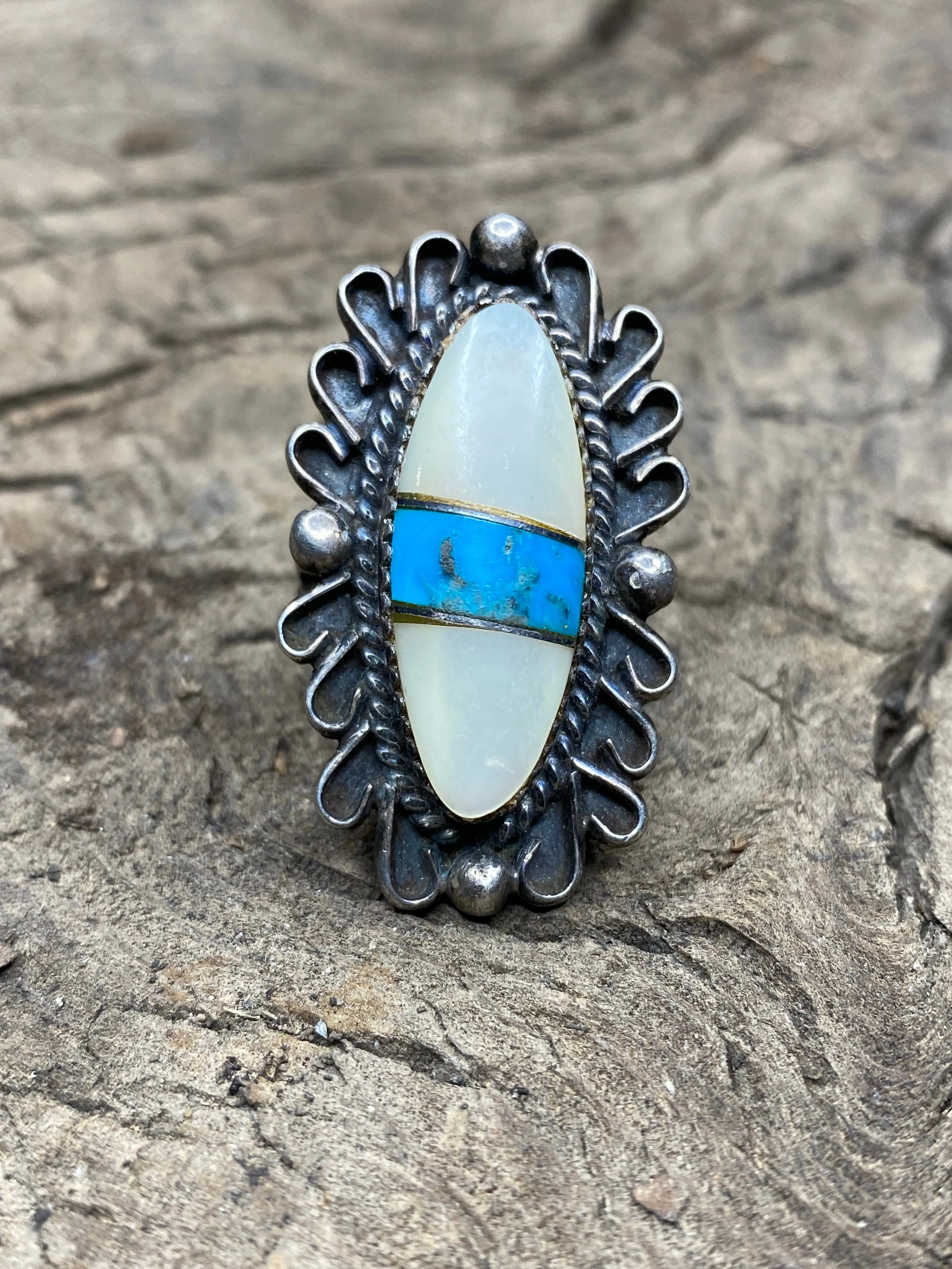 Vintage Turquoise and Mother of Pearl Silver Ring - Size 8 sold by Cave and Post