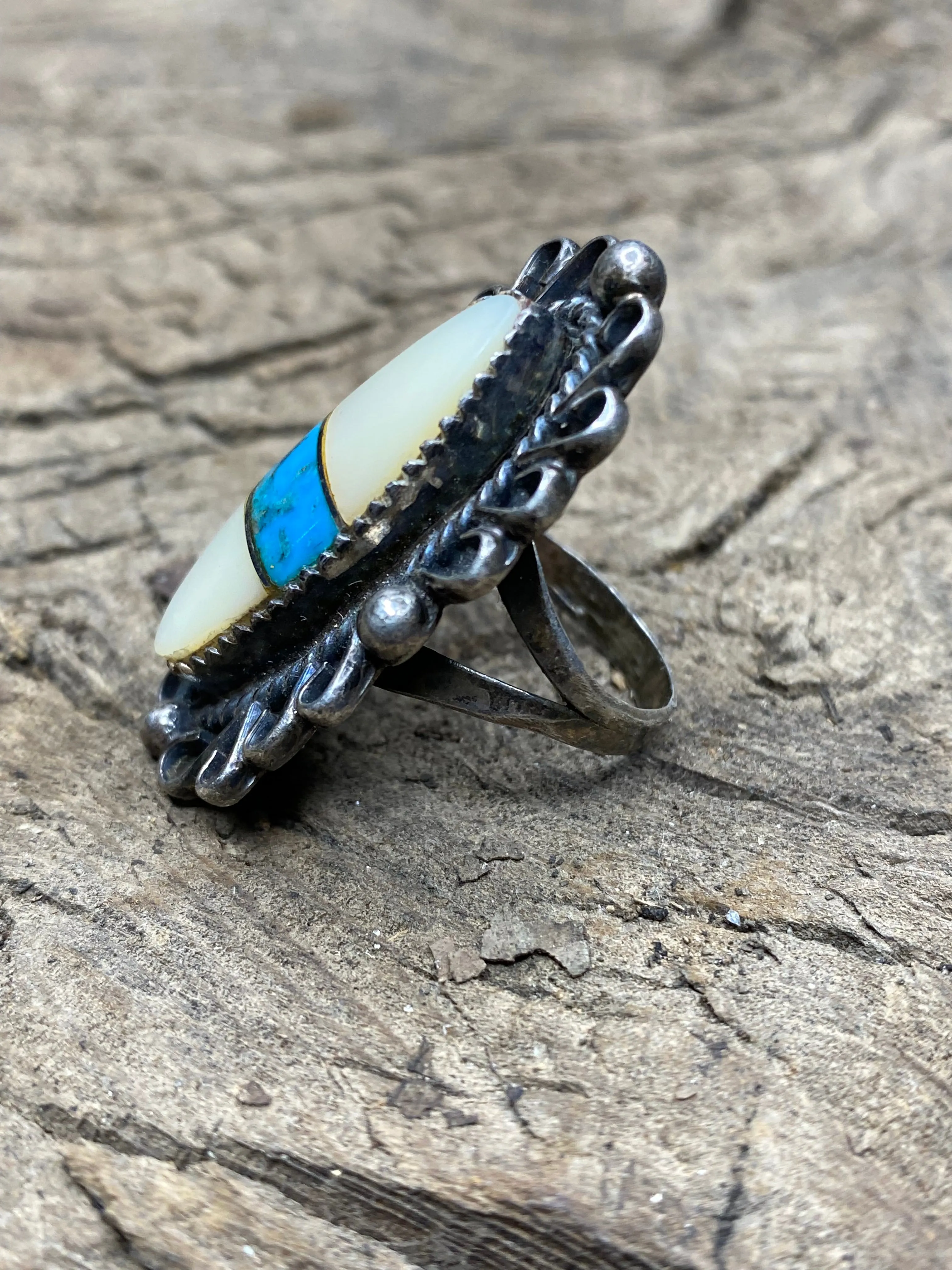 Vintage Turquoise and Mother of Pearl Silver Ring - Size 8 sold by Cave and Post product image thumbnail 3