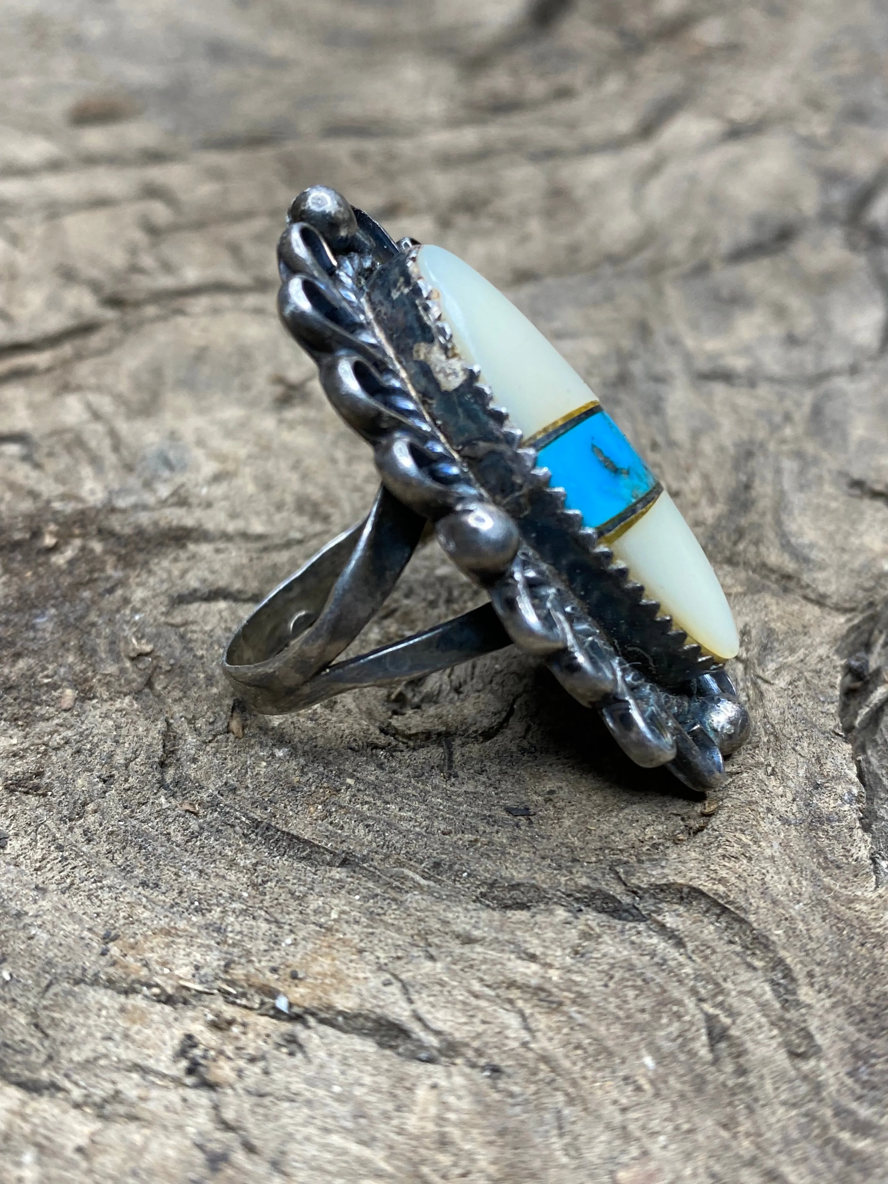 Vintage Turquoise and Mother of Pearl Silver Ring - Size 8 sold by Cave and Post product image thumbnail 2