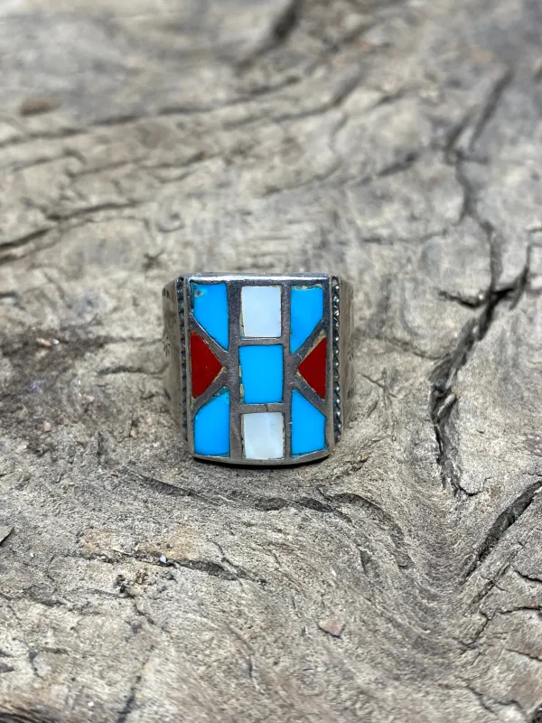 Vintage Turquoise Silver Inlay Men's Ring - Size 9.5 made by Cave and Post