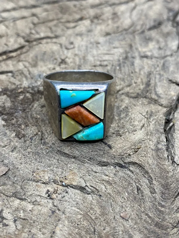 Vintage Turquoise and Silver Mixed Stone Men's Ring - Size 12 sold by Cave and Post