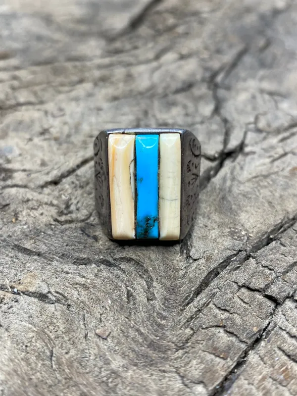 Vintage Turquoise and Silver Mixed Stone Men's Ring - Size 10.5 made by Cave and Post