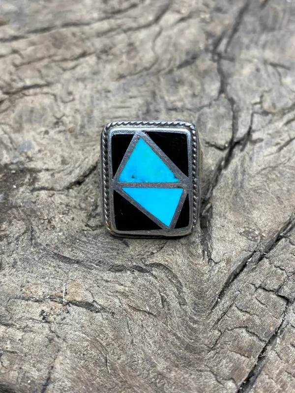 Vintage Turquoise and Black Onyx Silver Inlay Men's Ring - Size 10 made by Cave and Post