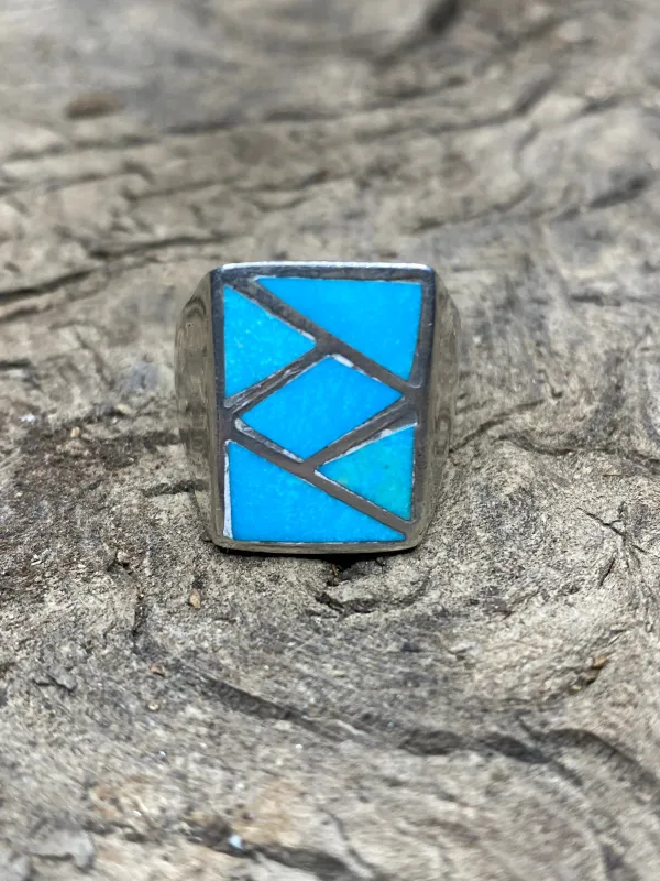 Vintage Turquoise Silver Inlay Men's Ring - Size 10.5 sold by Cave and Post