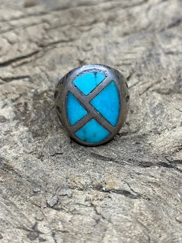 Vintage Turquoise Silver Inlay Men's Ring - Size 8 made by Cave and Post