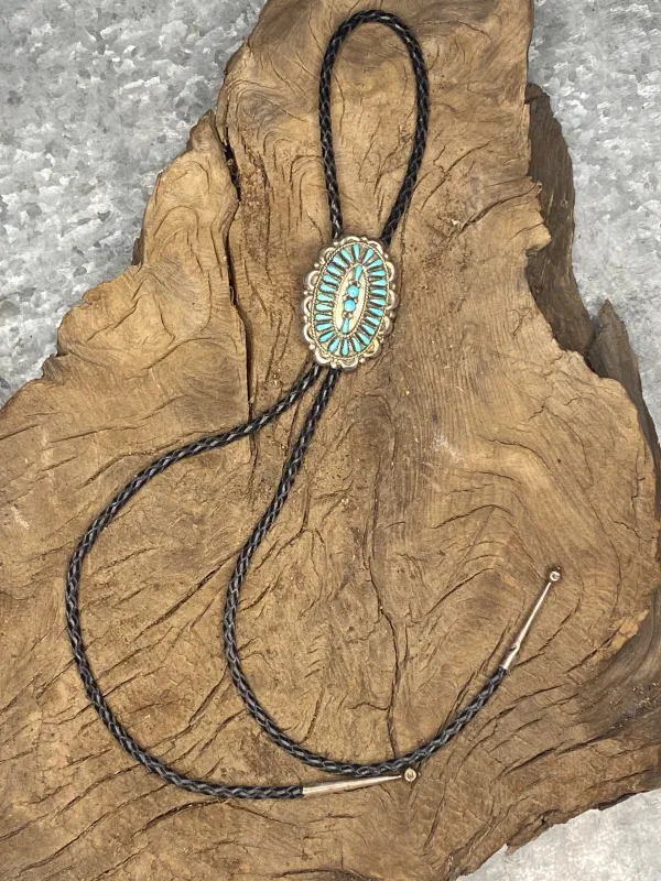Vintage Turquoise Silver Zuni Needlepoint Bolo Tie sold by Cave and Post