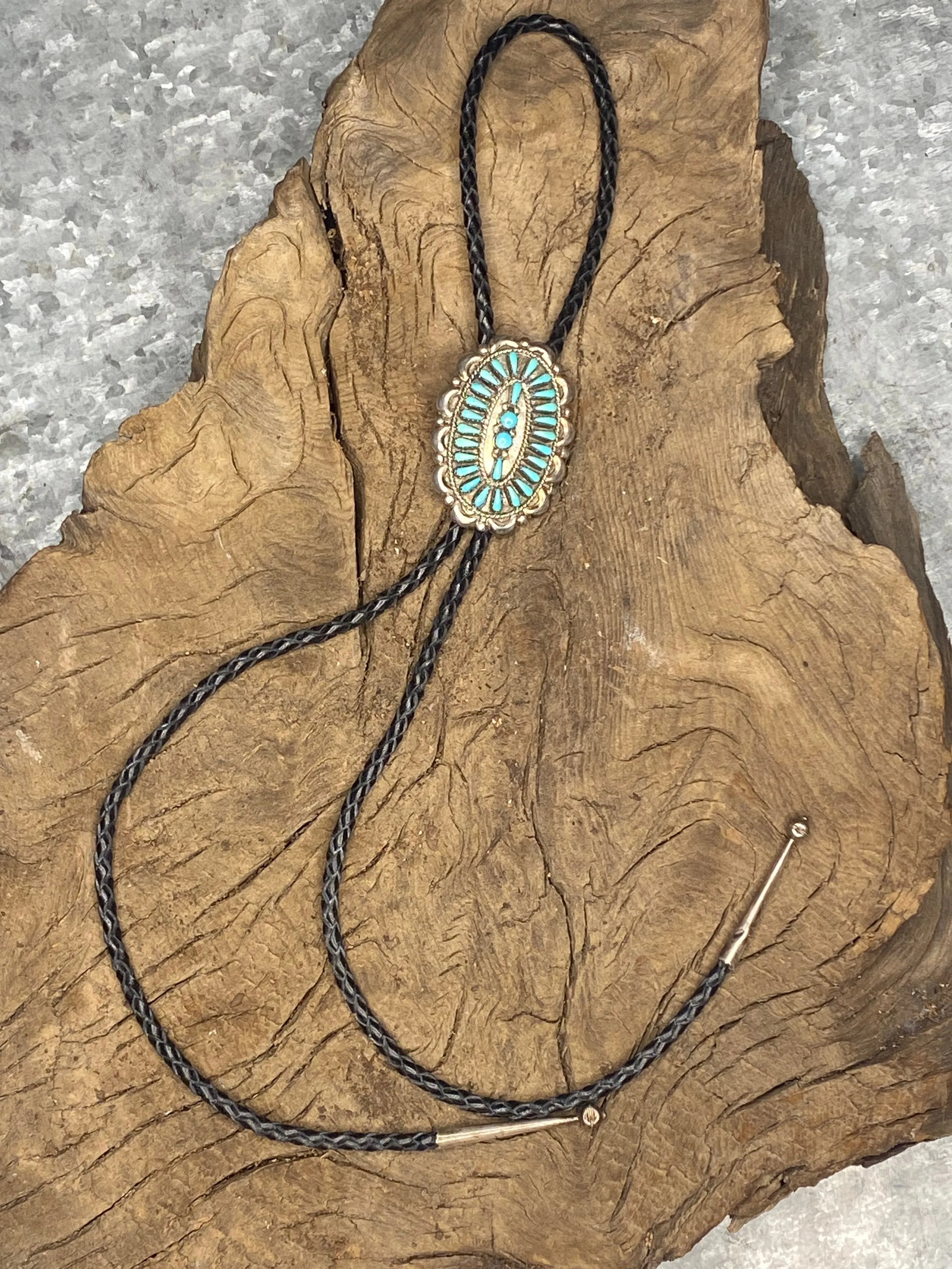 Vintage Turquoise Silver Zuni Needlepoint Bolo Tie sold by Cave and Post