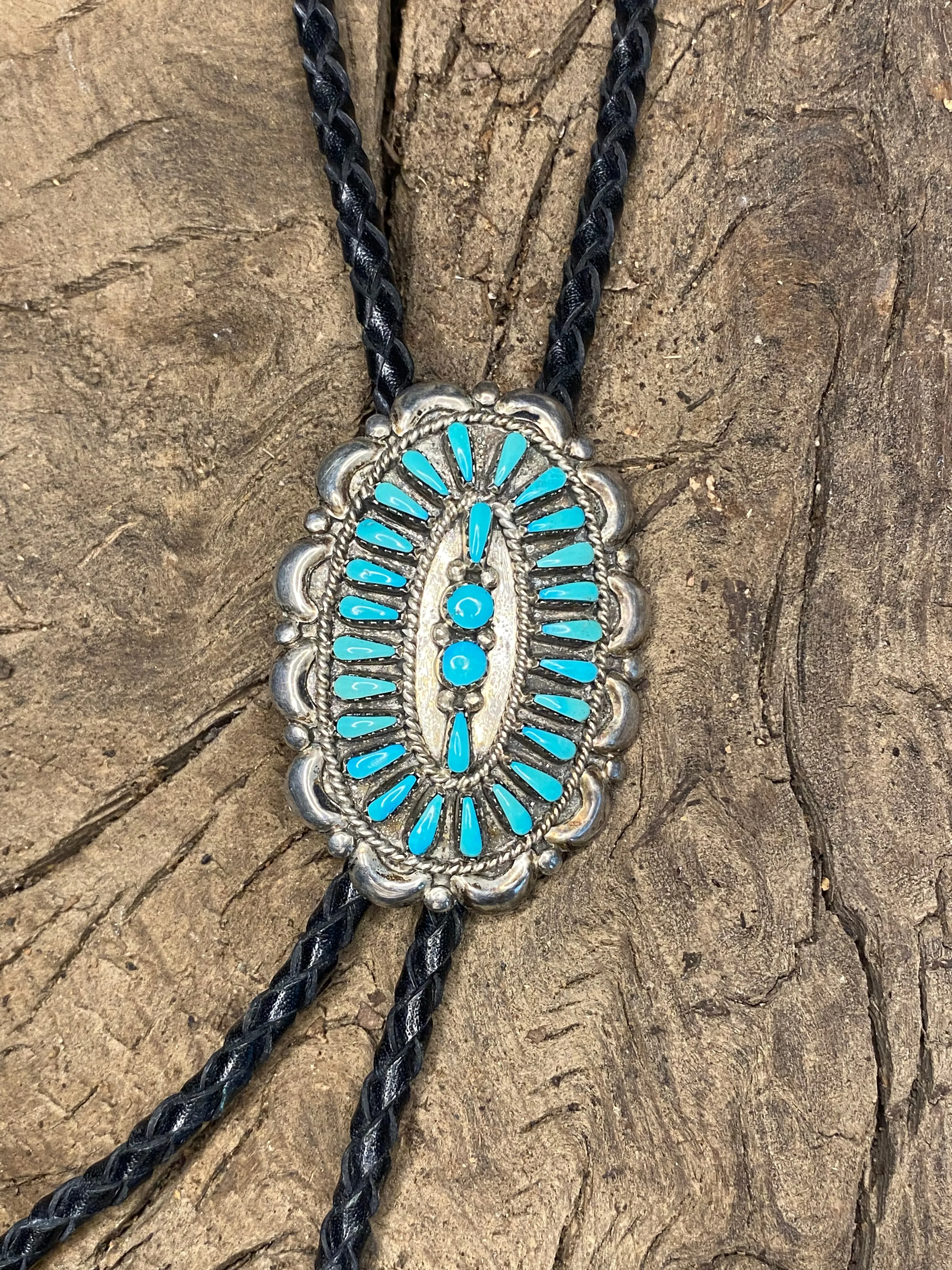 Vintage Turquoise Silver Zuni Needlepoint Bolo Tie sold by Cave and Post product image thumbnail 2