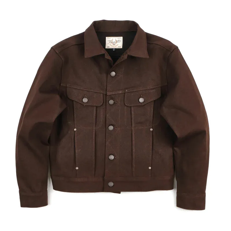 High Low 15 Ounce Dark Brown Denim Jacket made by Freenote Cloth