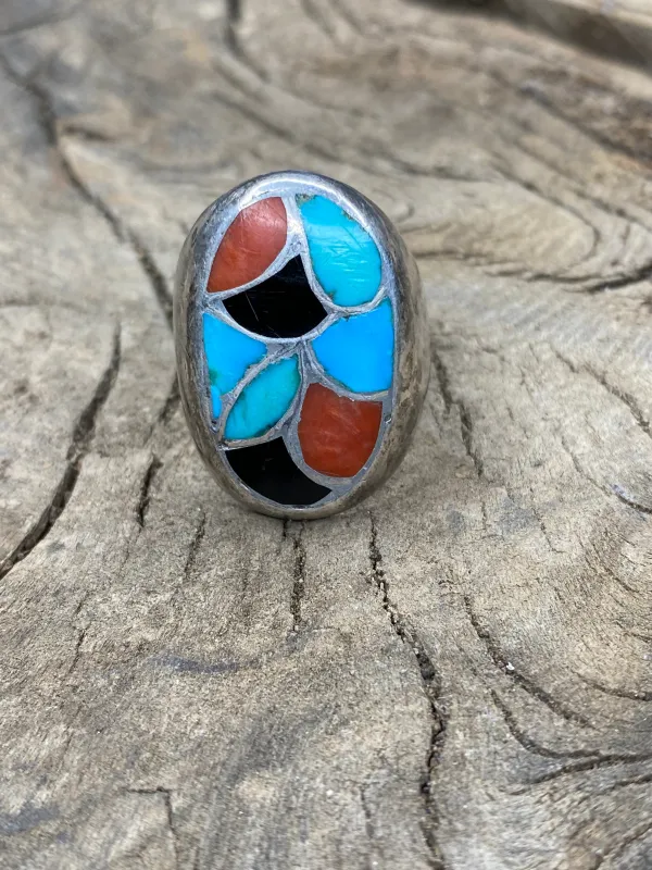Vintage Multi-Stone Inlay Fish Scale Silver Men's Ring - Size 10.5 made by Cave and Post