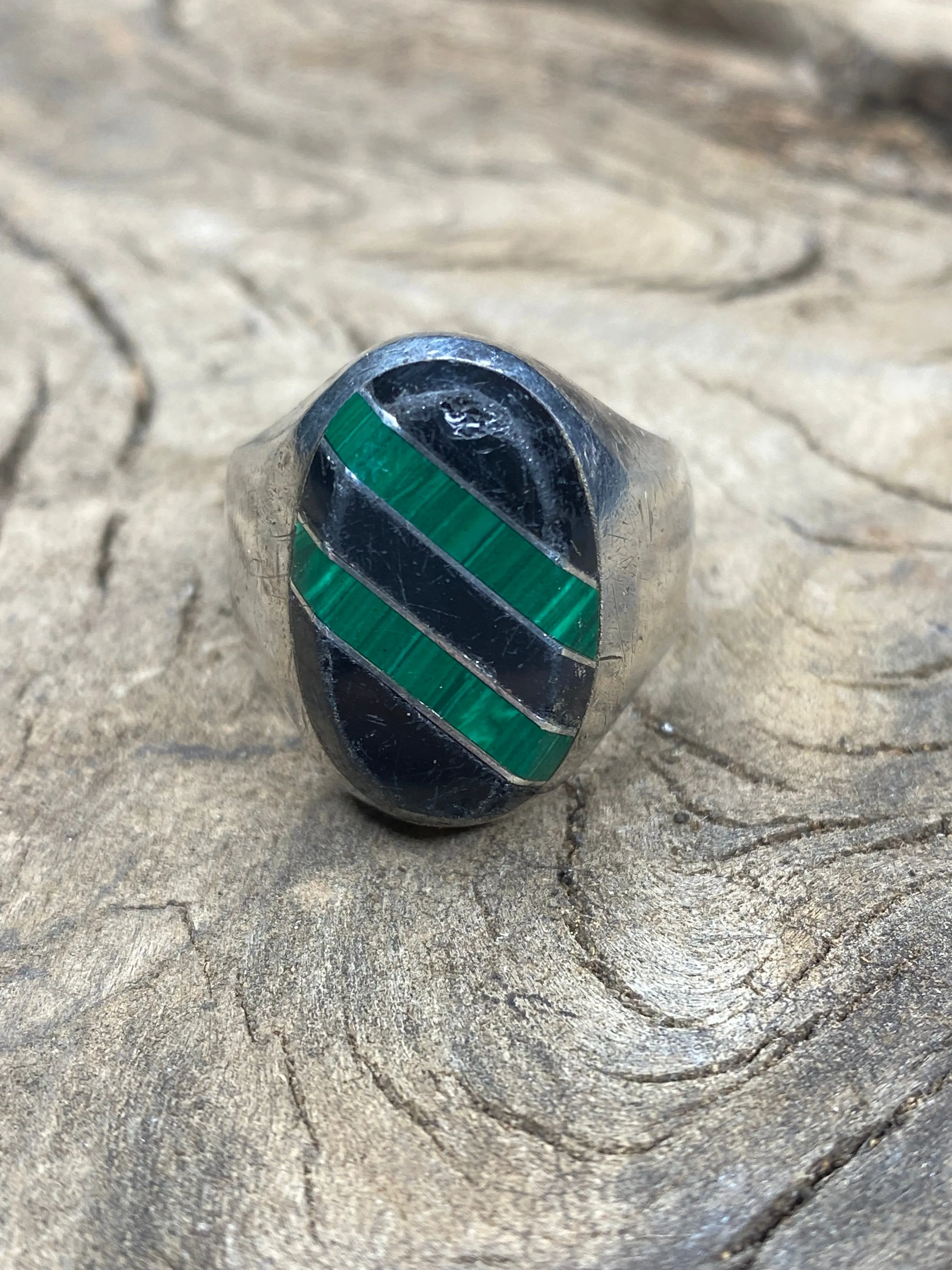 Vintage Onyx and Malachite Inlay Striper Silver Ring Size 10.5 sold by Cave and Post