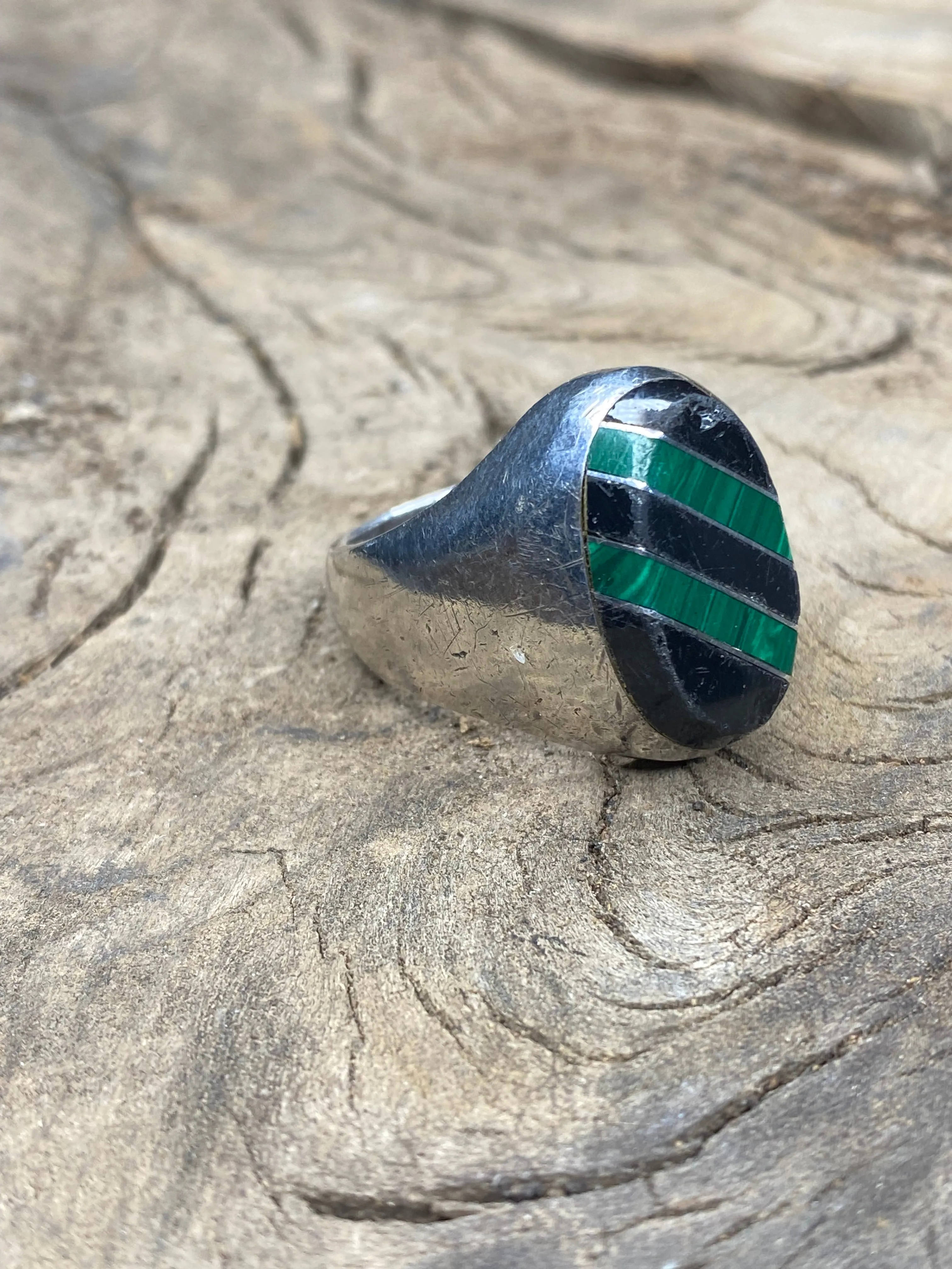 Vintage Onyx and Malachite Inlay Striper Silver Ring Size 10.5 sold by Cave and Post product image thumbnail 3