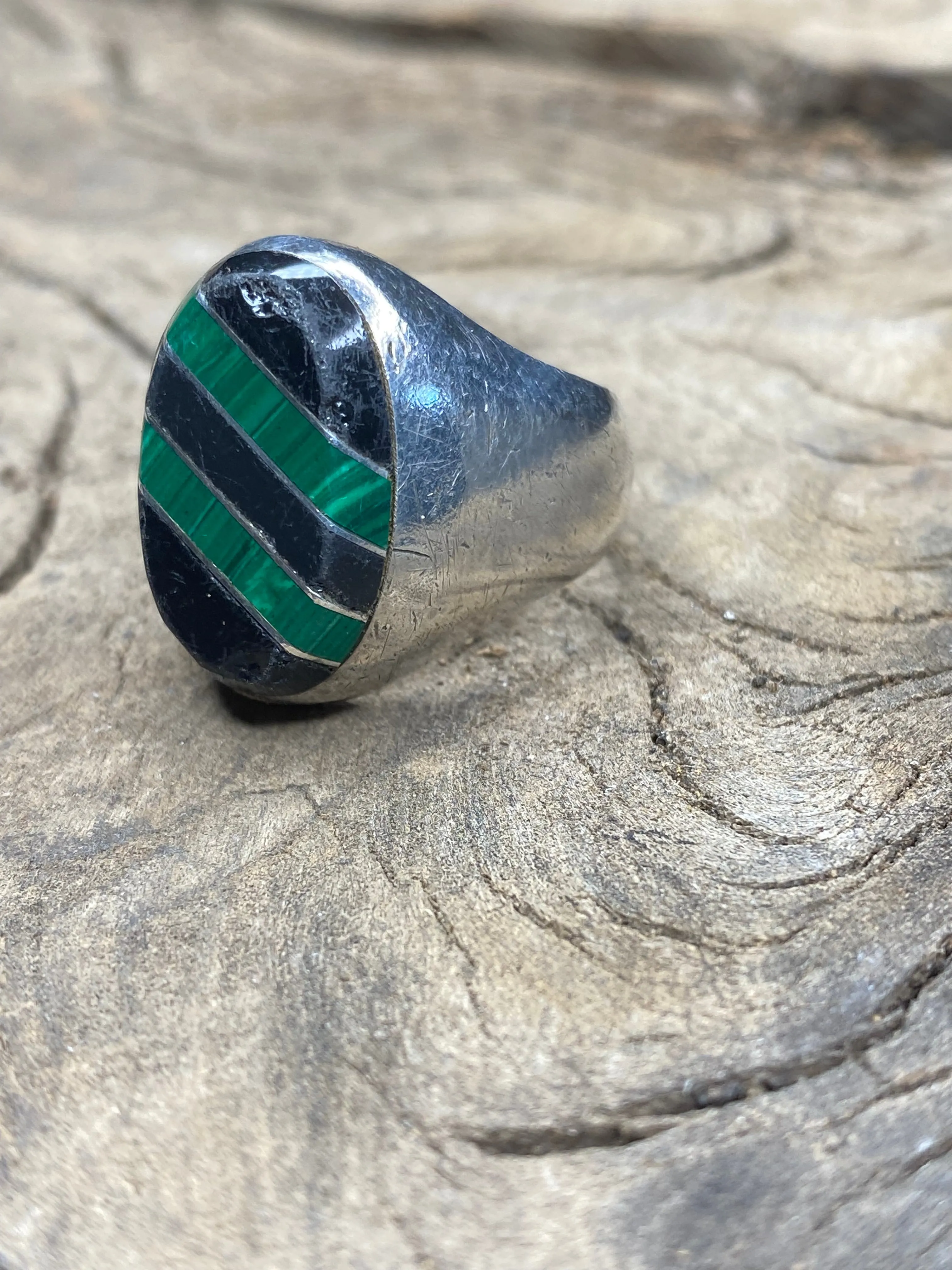 Vintage Onyx and Malachite Inlay Striper Silver Ring Size 10.5 sold by Cave and Post product image thumbnail 2