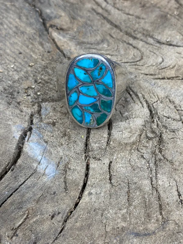 Vintage Turquoise Inlay Fish Scale Silver Men's Ring - Size 11 made by Cave and Post