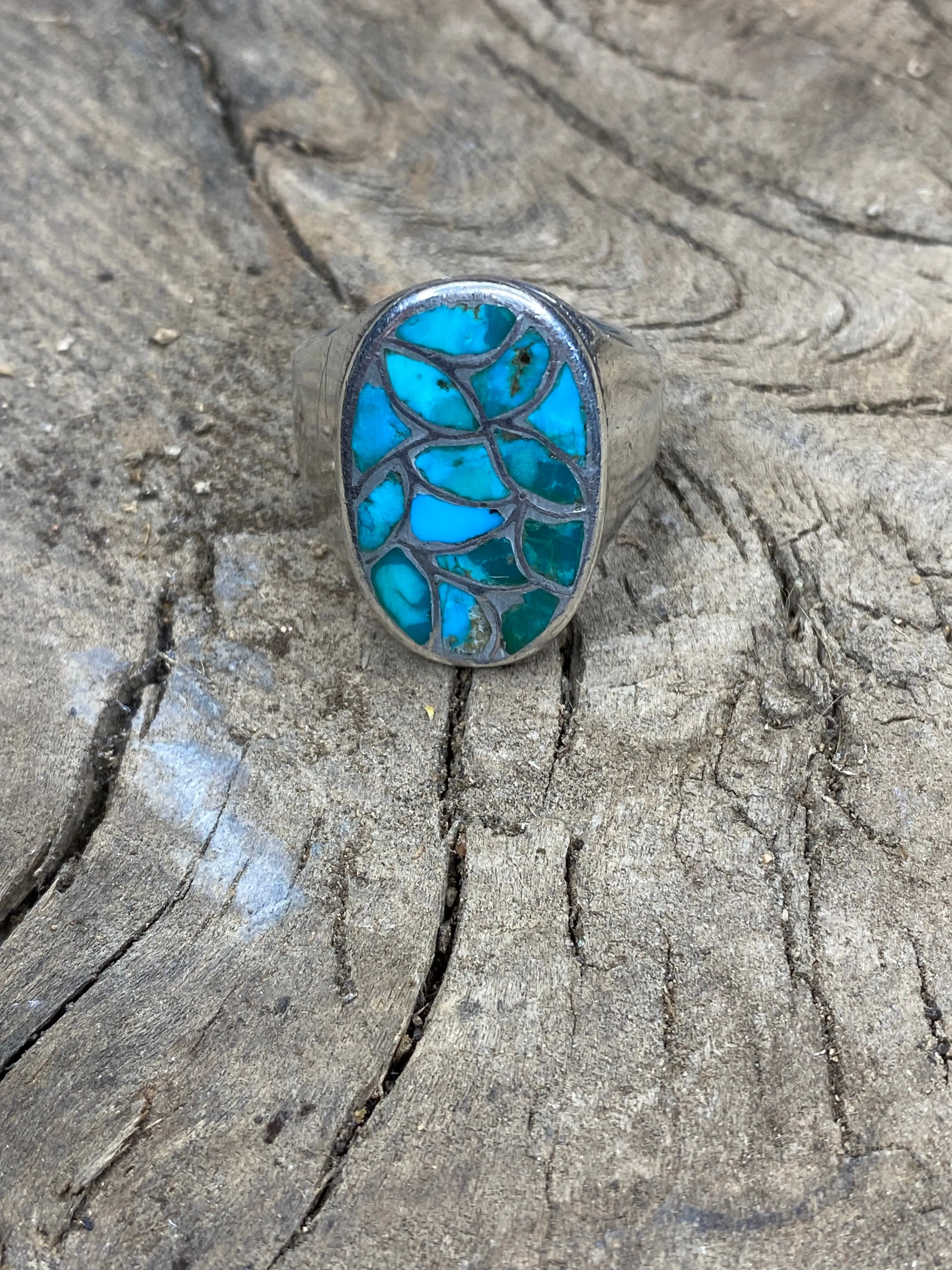 Vintage Turquoise Inlay Fish Scale Silver Men's Ring - Size 11 sold by Cave and Post
