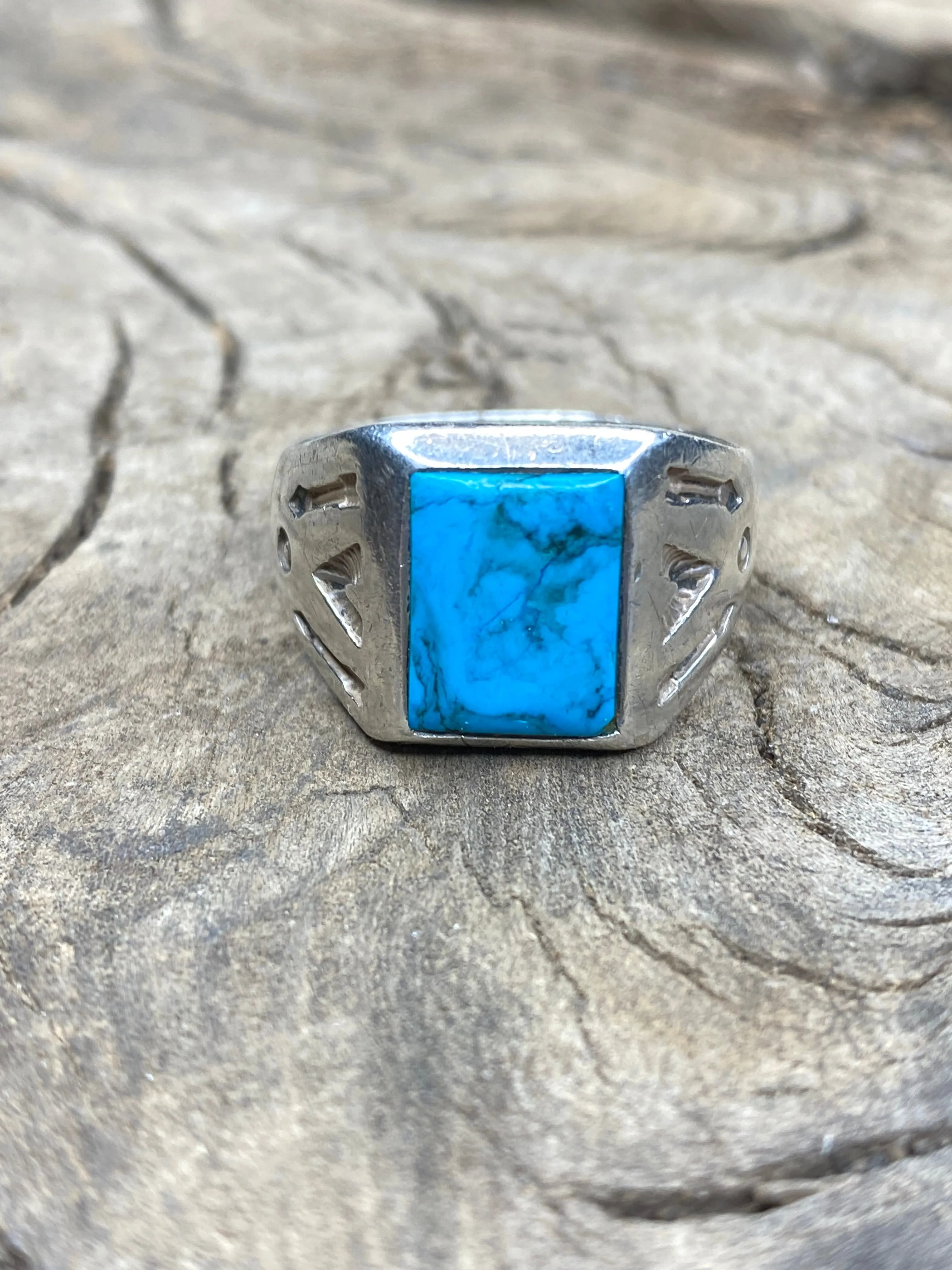 Vintage Turquoise Stamped Sterling Silver Arrows Ring - Size 11.5 sold by Cave and Post