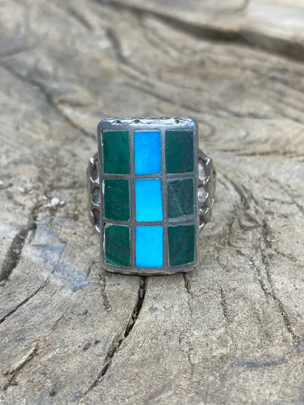 Vintage Turquoise and Malachite Silver Inlay Ring - Size 12.5 made by Cave and Post