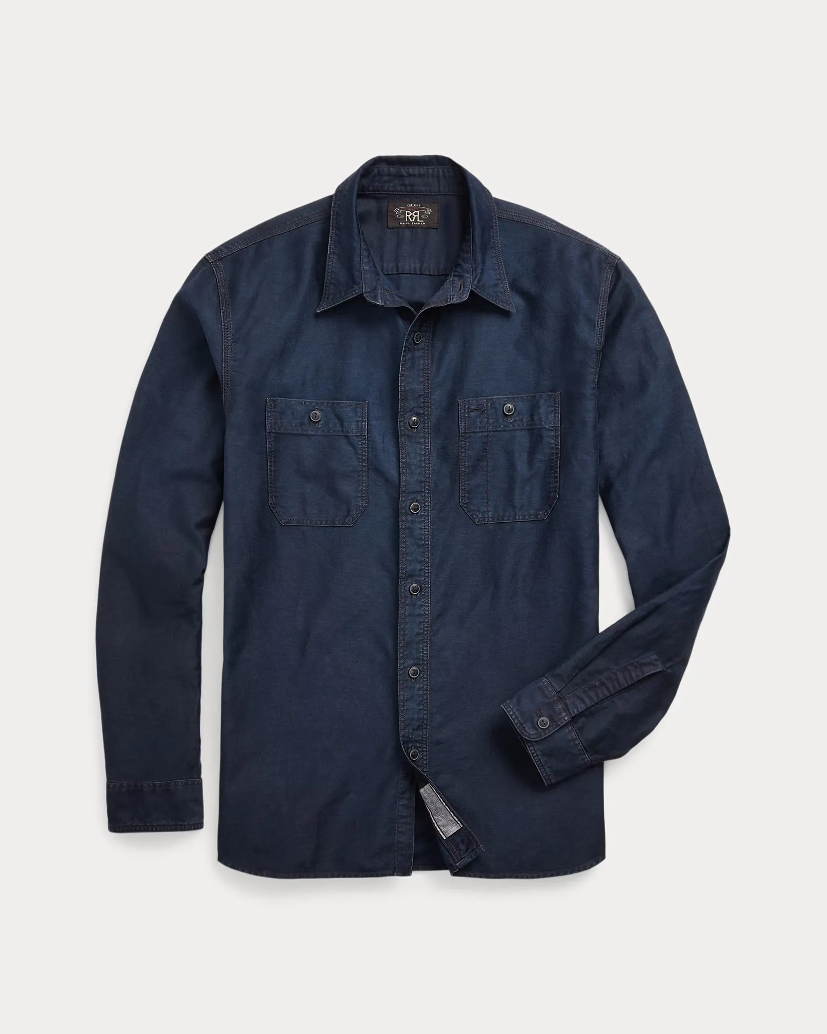 RRL Indigo Cotton-Linen Sateen Workshirt sold by Cave and Post