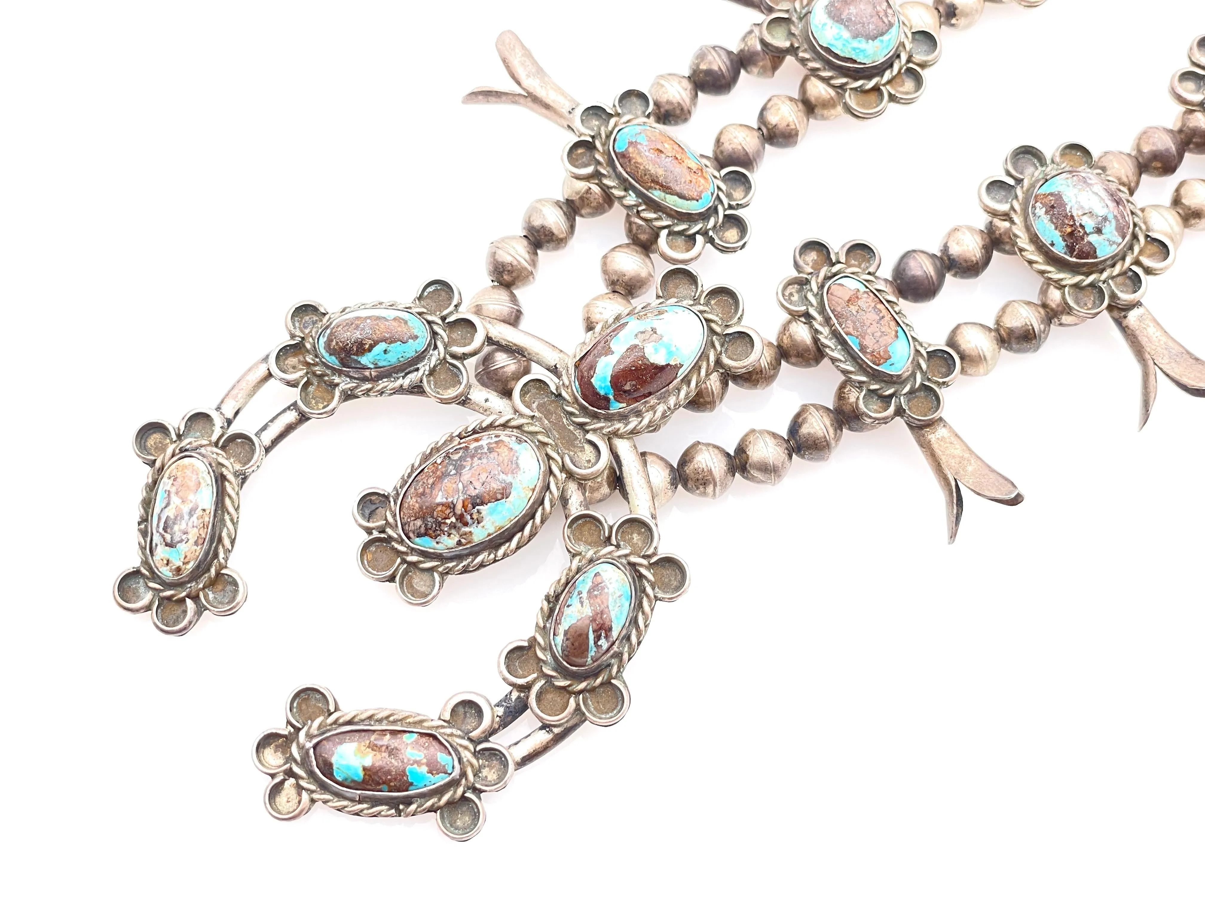 VINTAGE NATIVE AMERICAN STERLING SILVER TURQUOISE SQUASH BLOSSOM NECKLACE sold by Cave and Post product image thumbnail 2