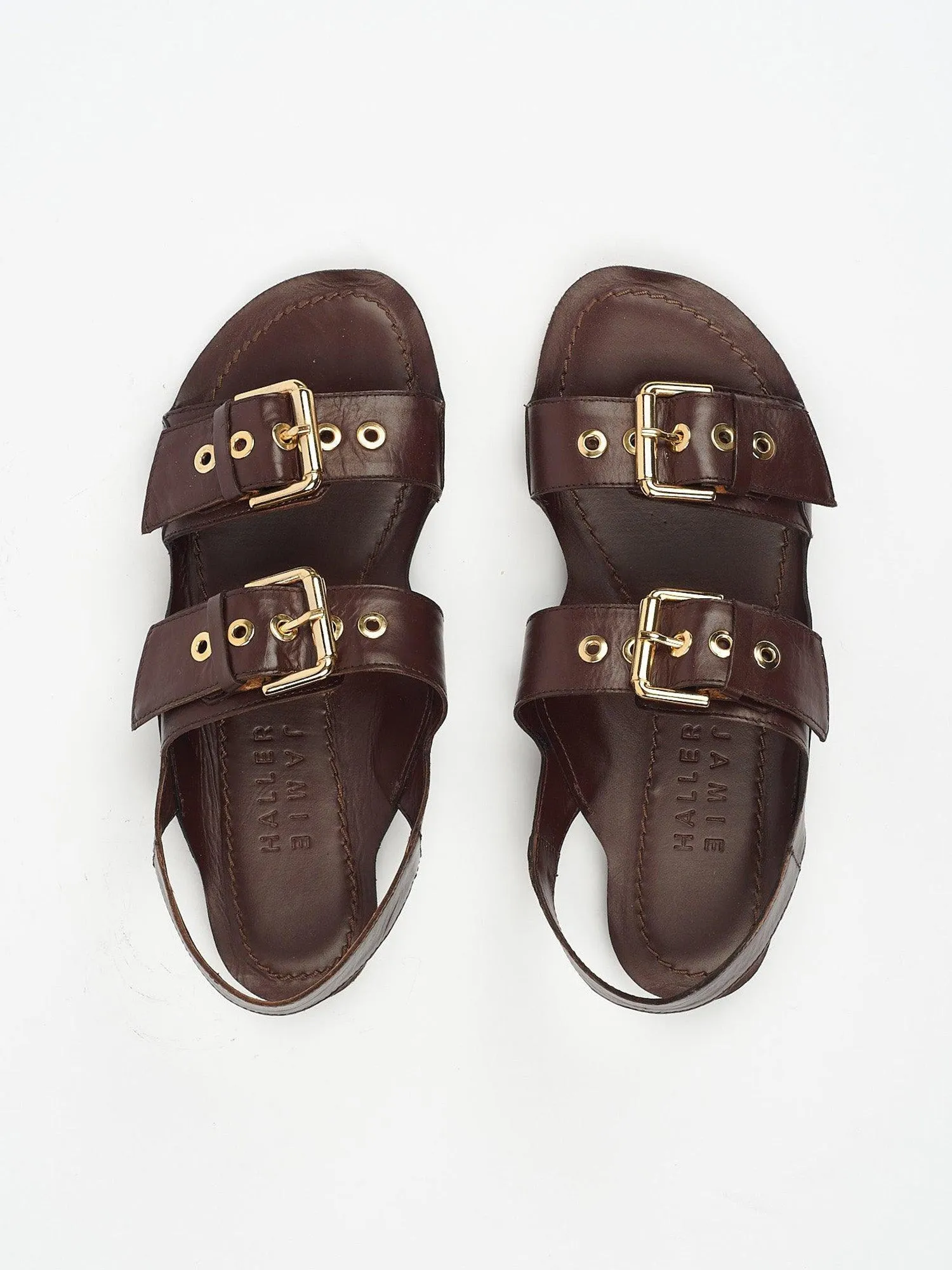 The Double Buckle Sandal in Castagno sold by Jamie Haller