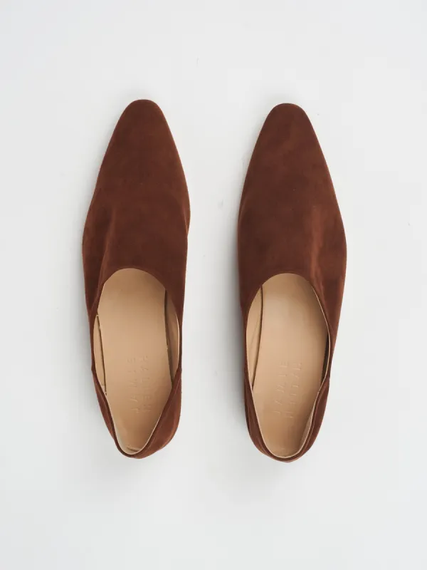 The Mule in Chocolate Suede sold by Jamie Haller