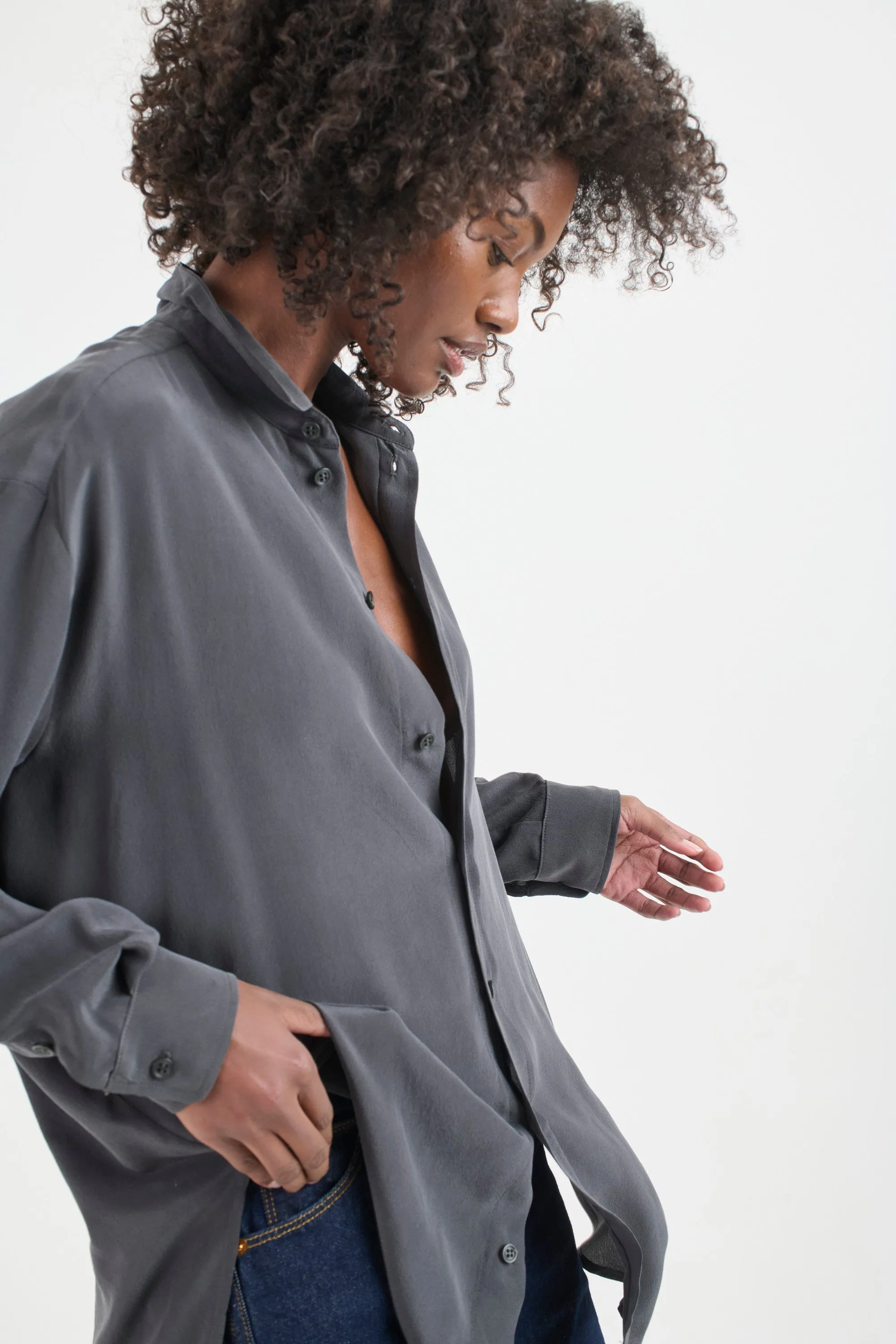 The Essential Silk Blouse in Dark Grey sold by Jamie Haller