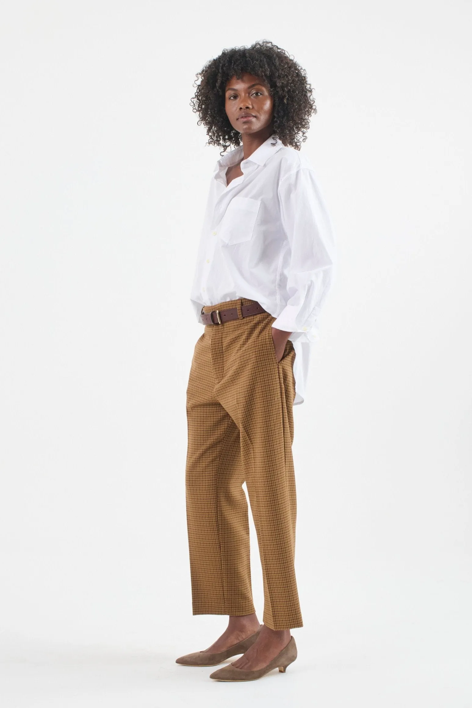 The Waist Tape Trouser in Burgundy Brown Houndstooth sold by Jamie Haller