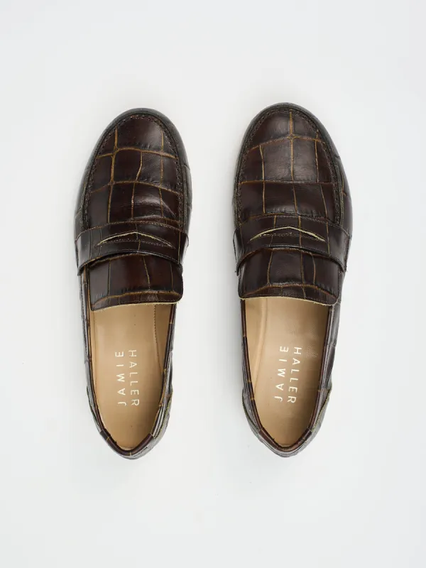 The Penny Loafer in Deep Brown Croc sold by Jamie Haller