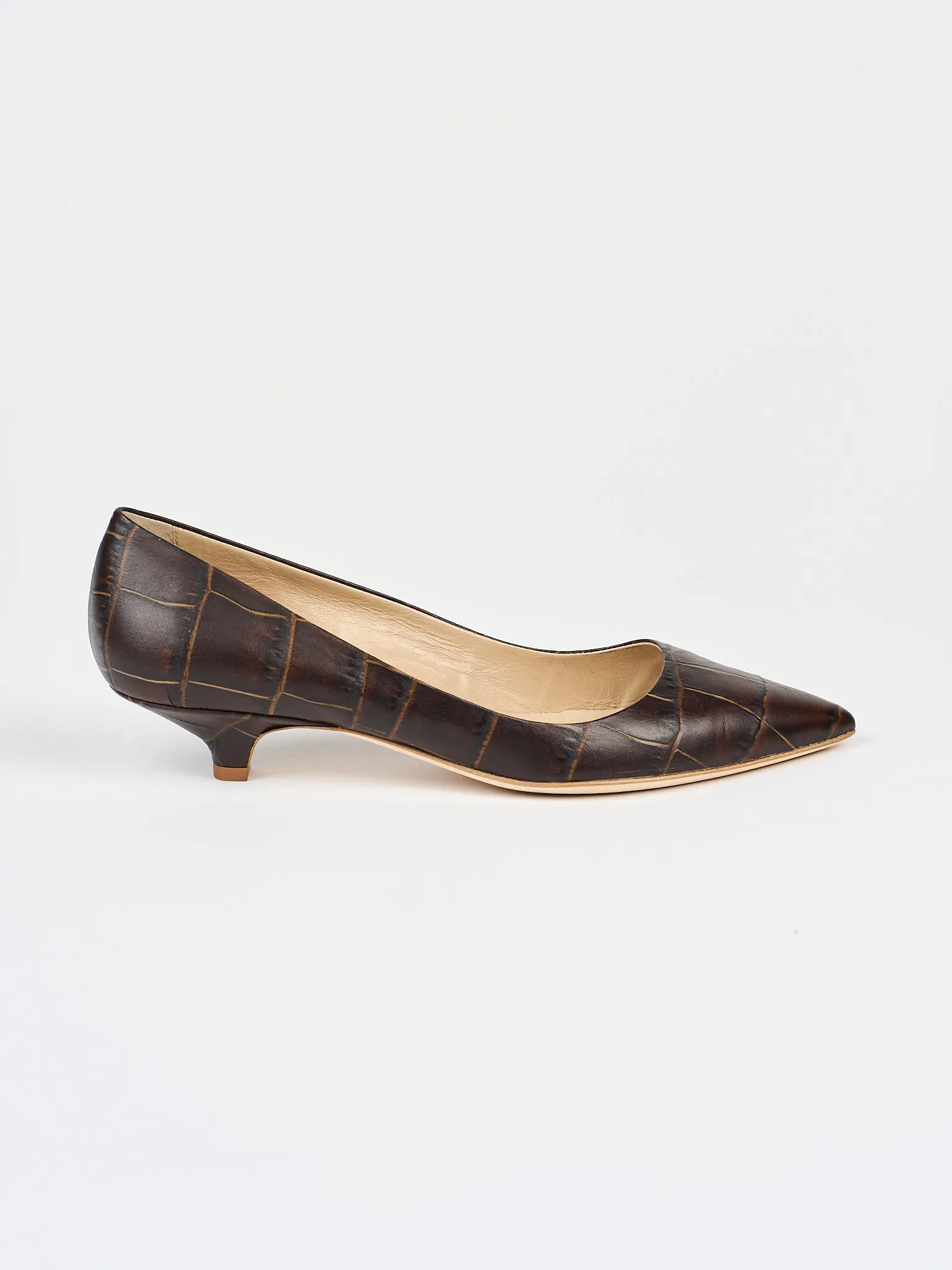 The Kitty Point Heel in Deep Brown Croc sold by Jamie Haller