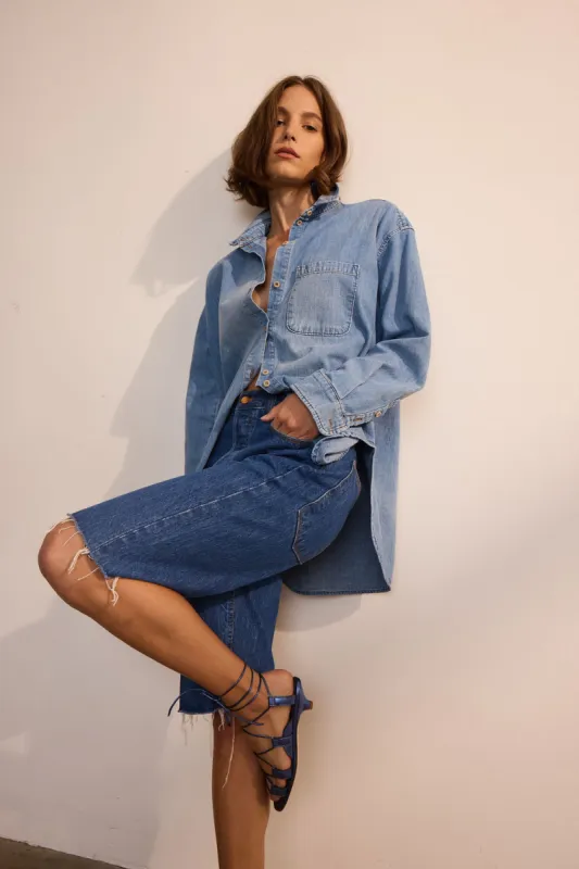 The Cut Knee Short in Farrah Indigo sold by Jamie Haller