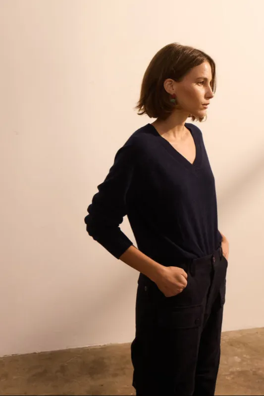 The V Fave Cashmere Sweater in Dark Navy sold by Jamie Haller