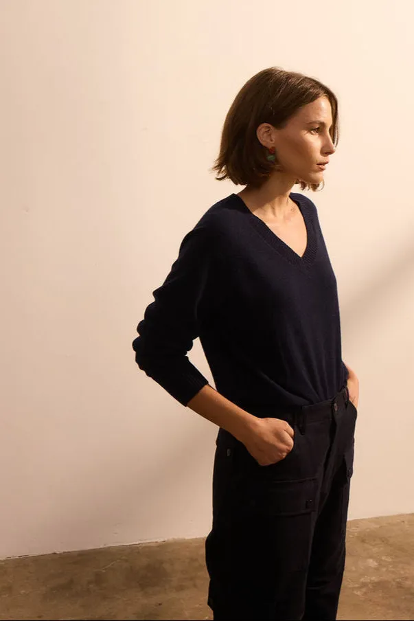 The V Fave Cashmere Sweater in Dark Navy sold by Jamie Haller
