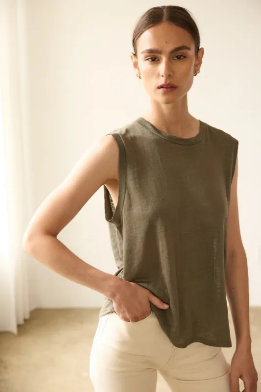 The Muscle Tee Linen in Olive sold by Jamie Haller