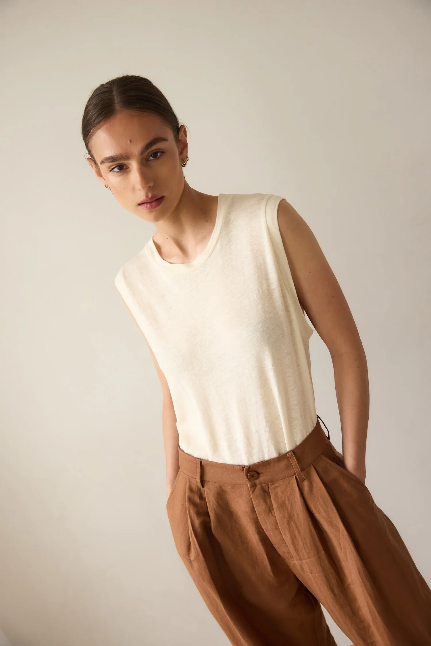 The Muscle Tee Linen in Ecru sold by Jamie Haller