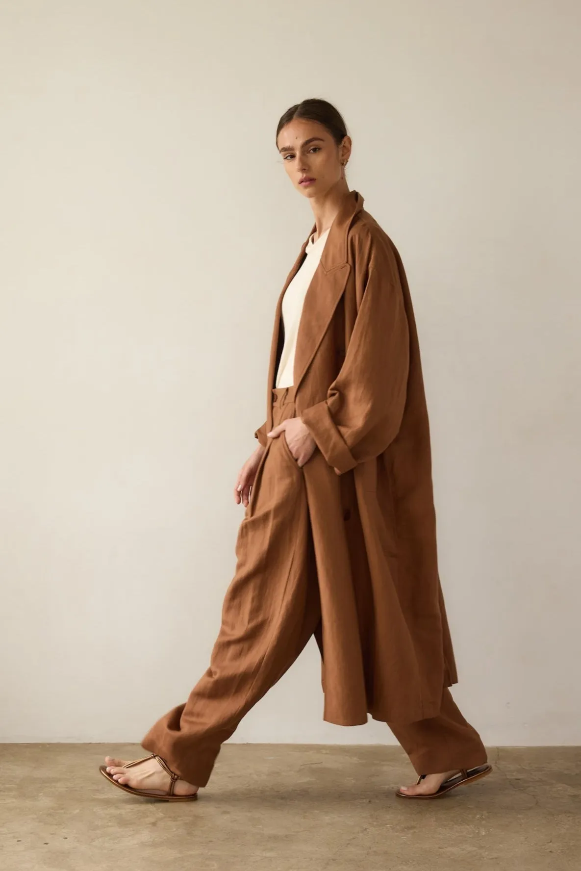 The Linen Baggy Trench Coat in Camel sold by Jamie Haller