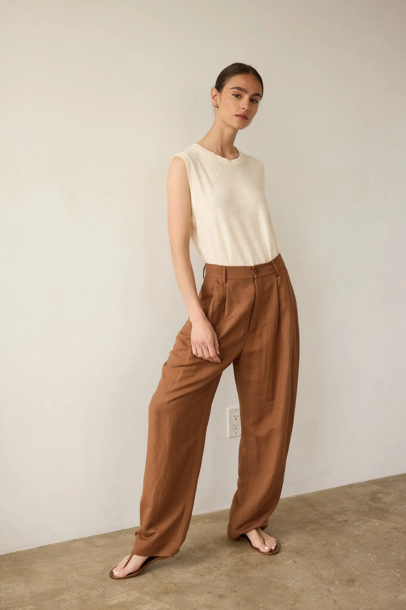 The Big Pleat Trouser in Camel sold by Jamie Haller
