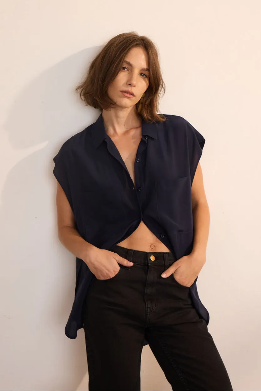The Reiki Sleeveless Shirt in Navy sold by Jamie Haller